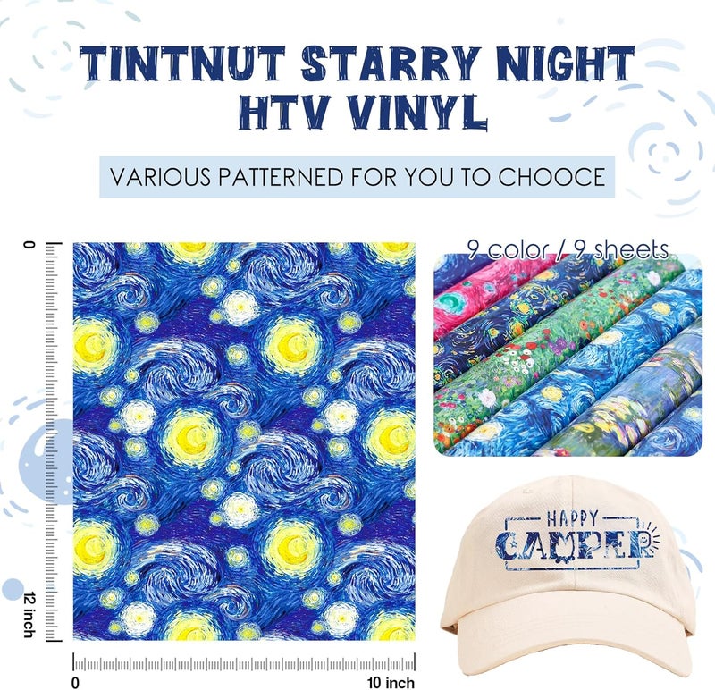 Tintnut Starry Night Heat Transfer Vinyl - 9 Sheets 12 X 10 Inch Impressionist Paintings Van Gogh HTV Bundle Iron on Vinyl for Fabric Heat Press Pattern Craft DIY T-Shirts, Hats, Canvas Bags - Image 2